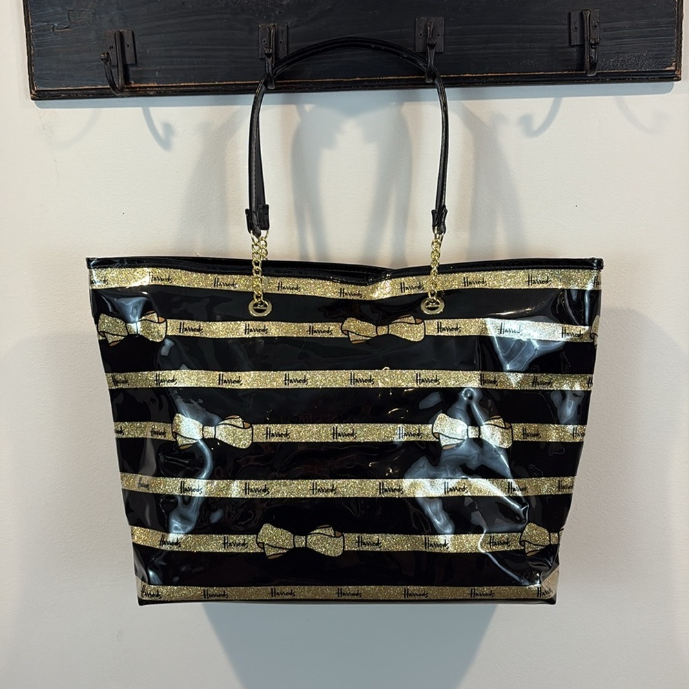 Harrods Black Patent Leather Gold Glitter Bow Large Tote - Picture 6 of 13